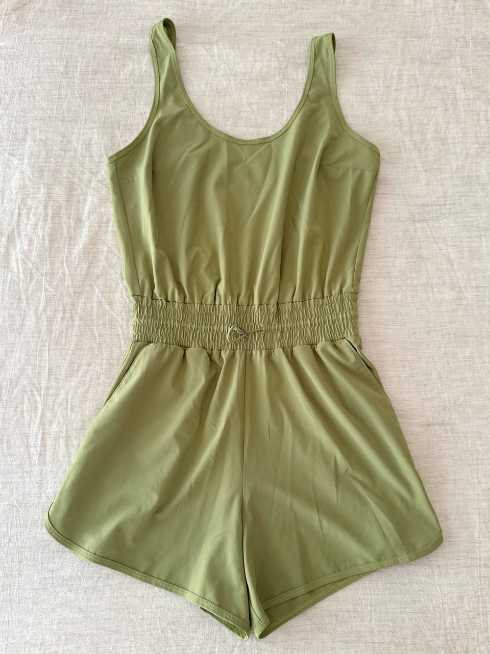YPB Womens Green Smocked Waist Athletic Active Romper Jumper Moss Olive